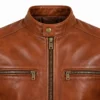 Detail mockup of snap-tab collar and chest zippers on cognac leather jacket