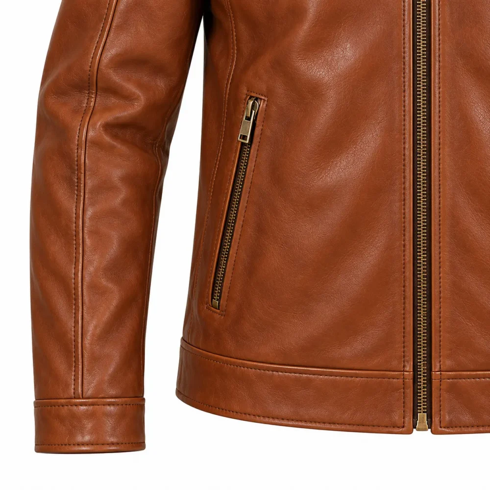 Close-up mockup of cognac leather jacket hand pocket, cuff and hem