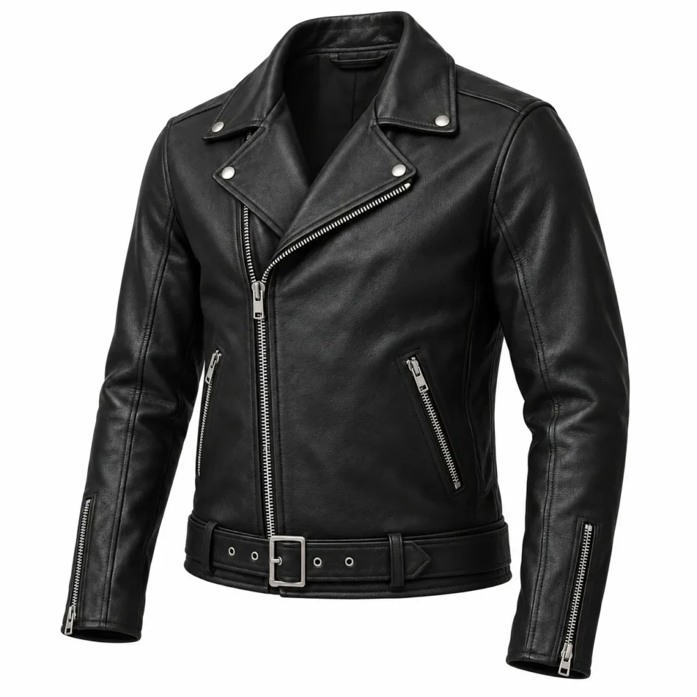 Angled mockup of black leather biker jacket with belted waist