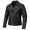 Angled mockup of black leather biker jacket with belted waist