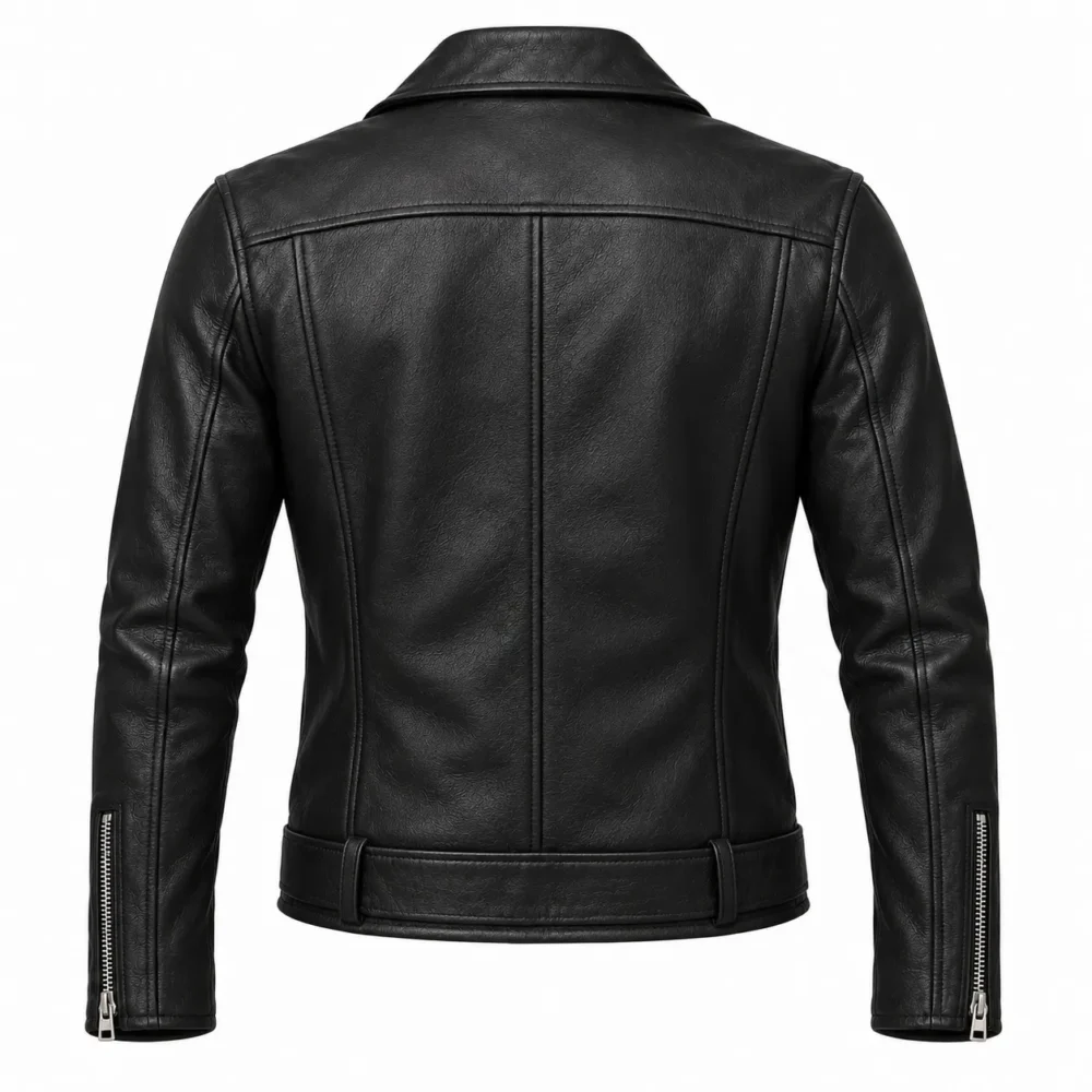Back mockup of black leather biker jacket showing panel seams