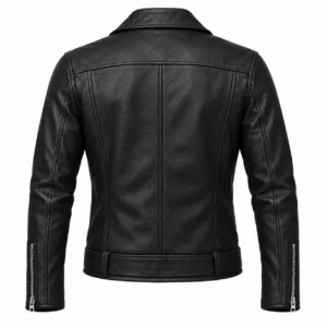 Back mockup of black leather biker jacket showing panel seams