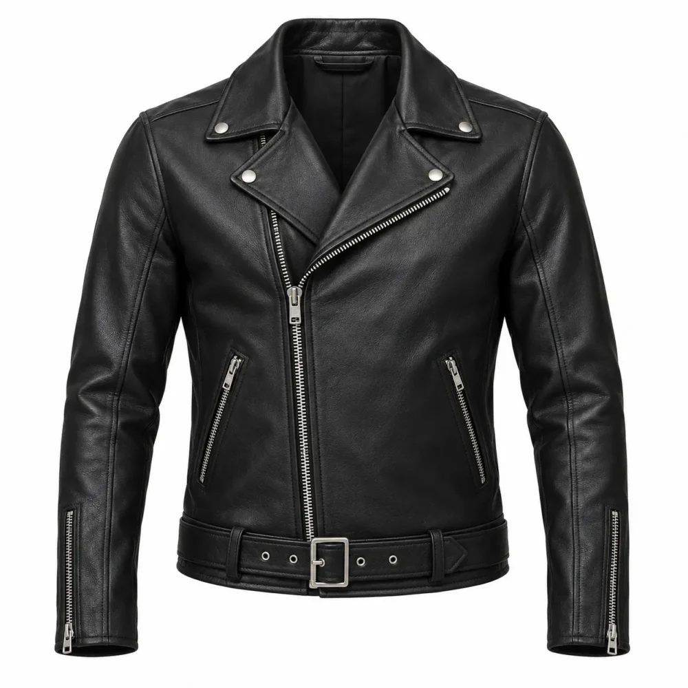 Front mockup of men's black leather biker jacket with asymmetric zip and waist belt
