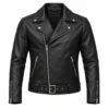 Front mockup of men's black leather biker jacket with asymmetric zip and waist belt
