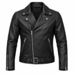 mens-black-leather-biker-jacket-front Front mockup of men's black leather biker jacket with asymmetric zip and waist belt
