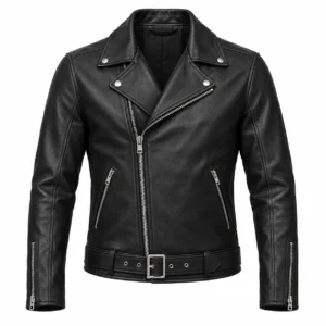 mens-black-leather-biker-jacket-front Front mockup of men's black leather biker jacket with asymmetric zip and waist belt