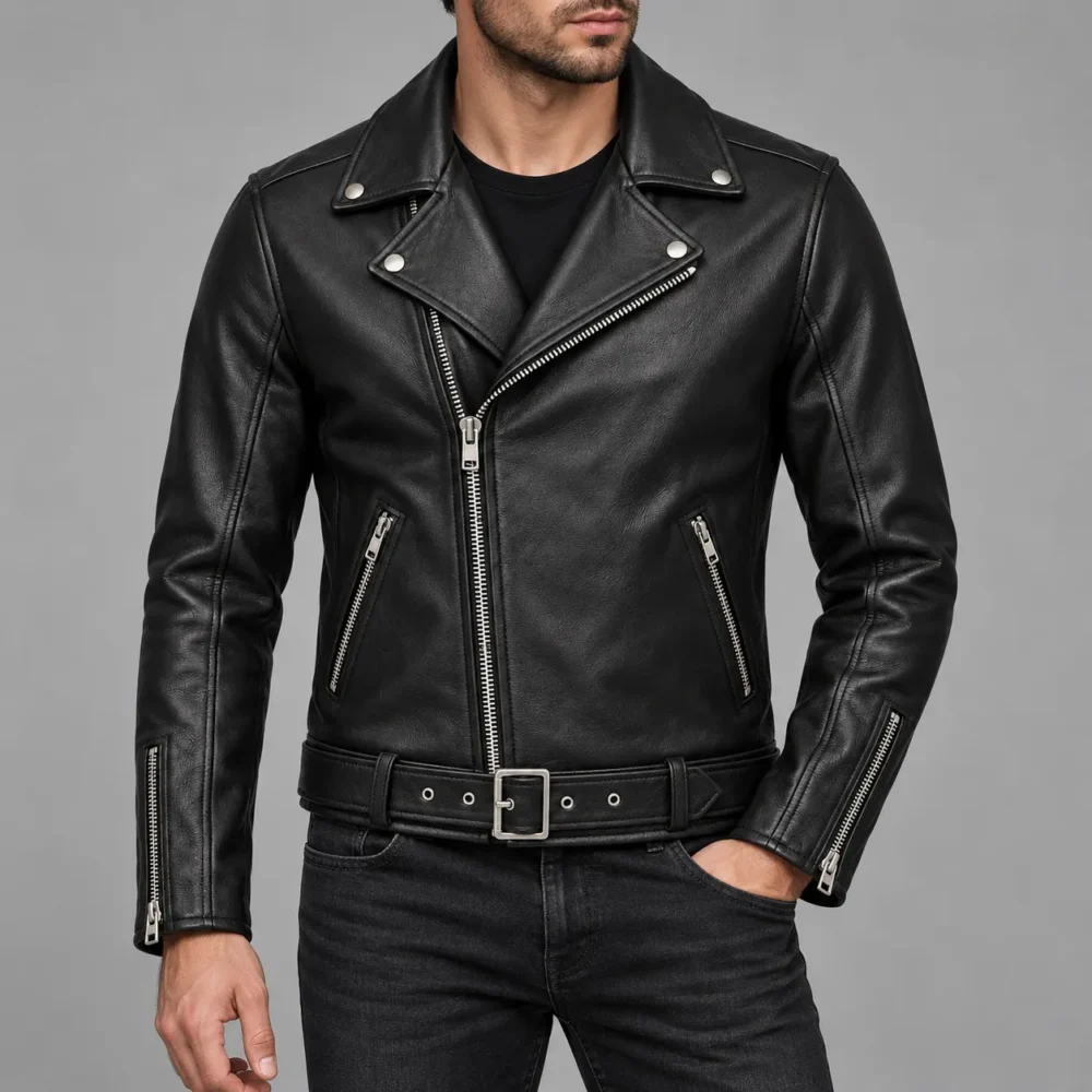 Model mockup wearing a black leather biker jacket