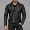 Model mockup wearing a black leather biker jacket