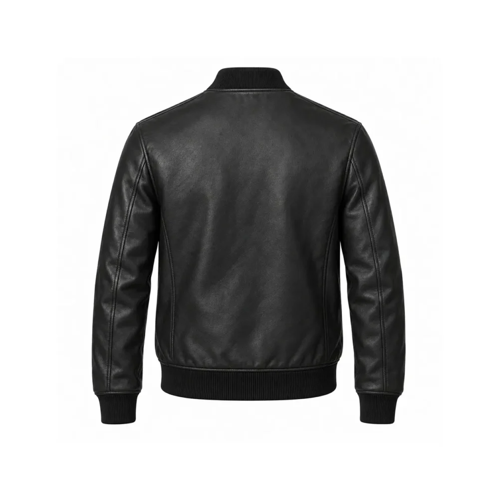 Angled mockup of men's black leather zip-front bomber jacket