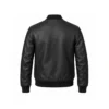 Angled mockup of men's black leather zip-front bomber jacket
