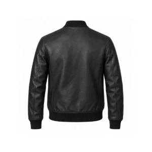Angled mockup of men's black leather zip-front bomber jacket