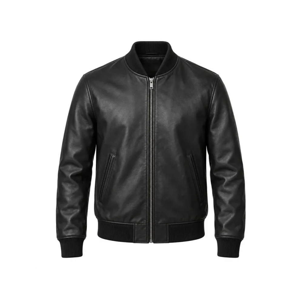 Front mockup of black leather bomber jacket with ribbed cuffs and hem