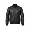 Front mockup of black leather bomber jacket with ribbed cuffs and hem