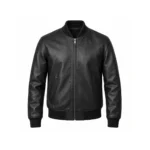 mens-black-leather-bomber-jacket-front Front mockup of black leather bomber jacket with ribbed cuffs and hem