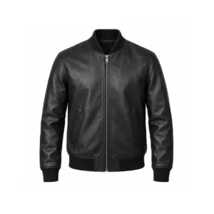 mens-black-leather-bomber-jacket-front Front mockup of black leather bomber jacket with ribbed cuffs and hem