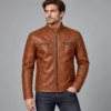 Model mockup wearing a cognac leather cafe racer jacket