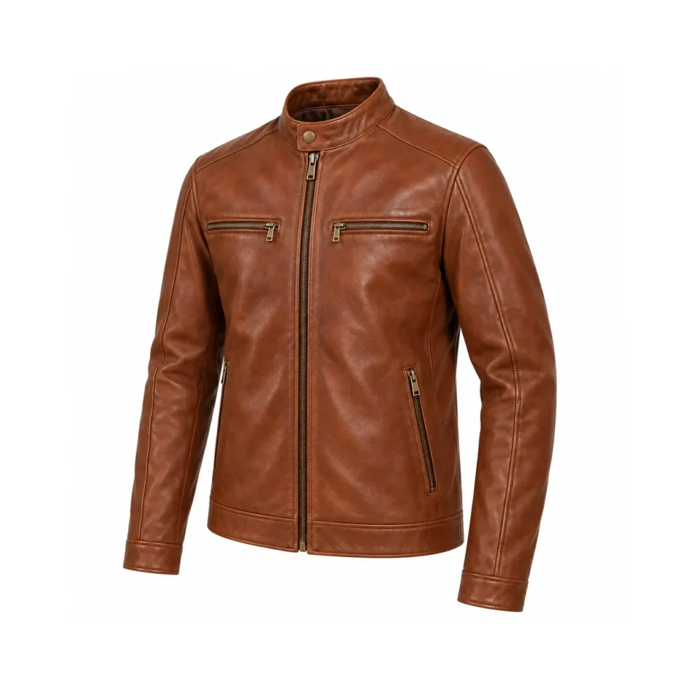 Custom Men’s Cognac Sheep Leather Cafe Racer Jacket