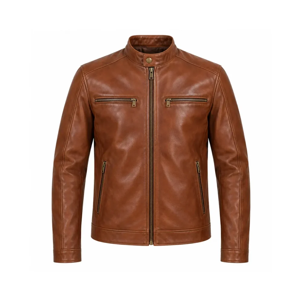 Front mockup of cognac leather cafe racer jacket with zipped chest pockets