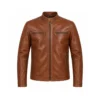 Front mockup of cognac leather cafe racer jacket with zipped chest pockets