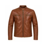 mens-cognac-leather-cafe-racer-jacket-front Front mockup of cognac leather cafe racer jacket with zipped chest pockets