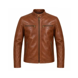 mens-cognac-leather-cafe-racer-jacket-front Front mockup of cognac leather cafe racer jacket with zipped chest pockets